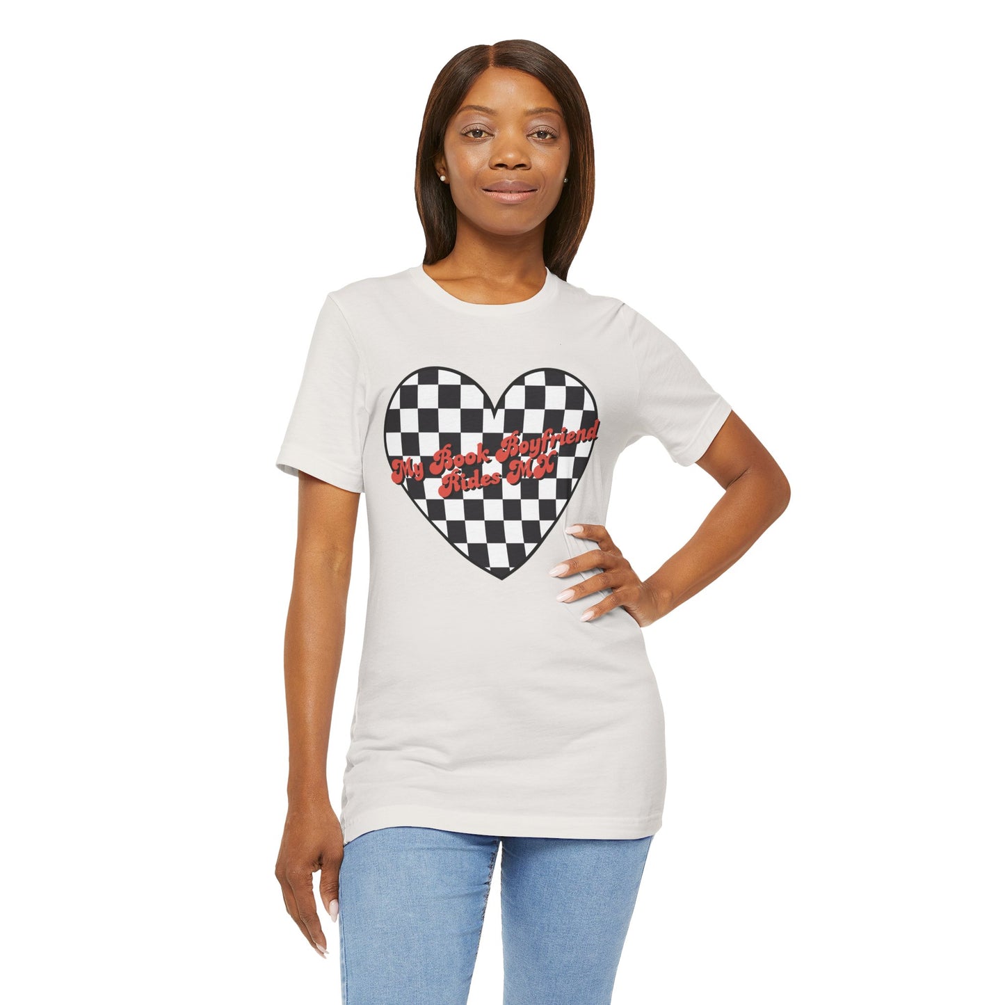 Motocross Romance Heart Tee, Checkered Heart Shirt, Book Boyfriend Moto Top.