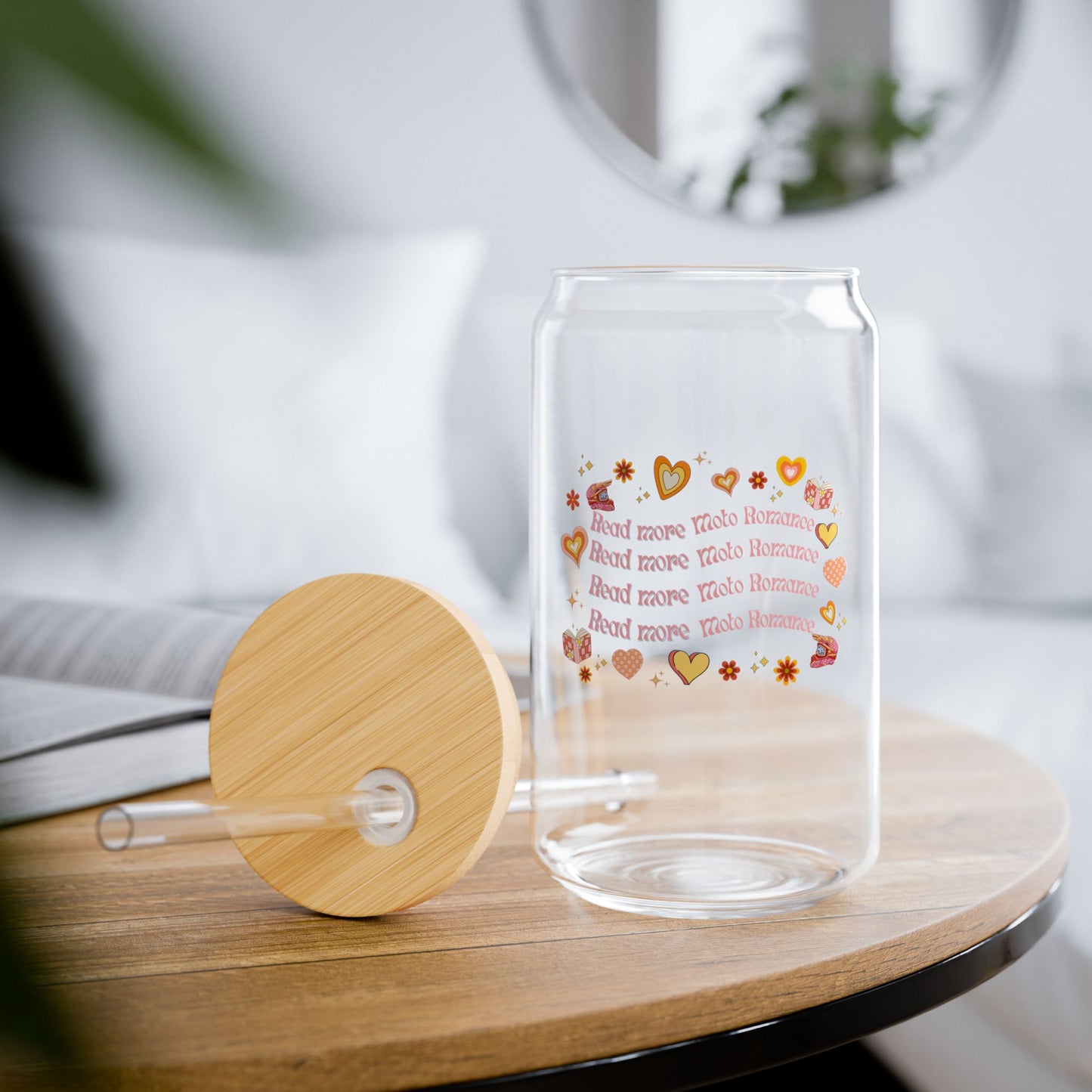 Iced Coffee Sipper Glass, 16oz with 'read more moto romance' Phrase, Groovy Flowers, Moto Symbols, Groovy Text.
