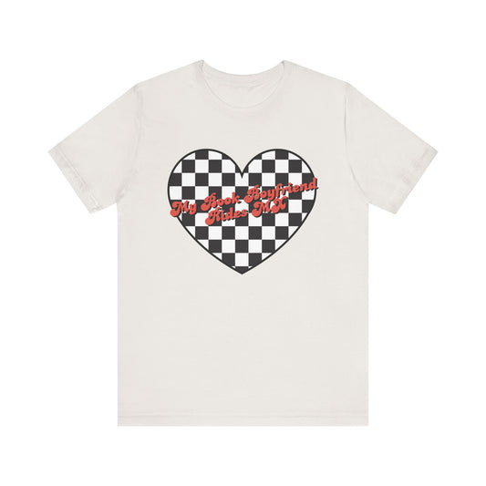 Motocross Romance Heart Tee, Checkered Heart Shirt, Book Boyfriend Moto Top.