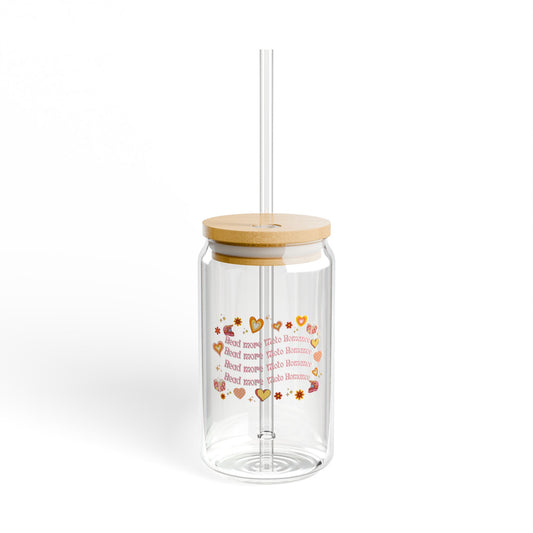 Iced Coffee Sipper Glass, 16oz with 'read more moto romance' Phrase, Groovy Flowers, Moto Symbols, Groovy Text.