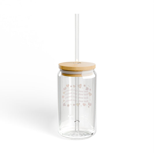 Iced Coffee Sipper Glass, 16oz with 'read more moto romance' Phrase, Groovy Flowers, Moto Symbols, Groovy Text.